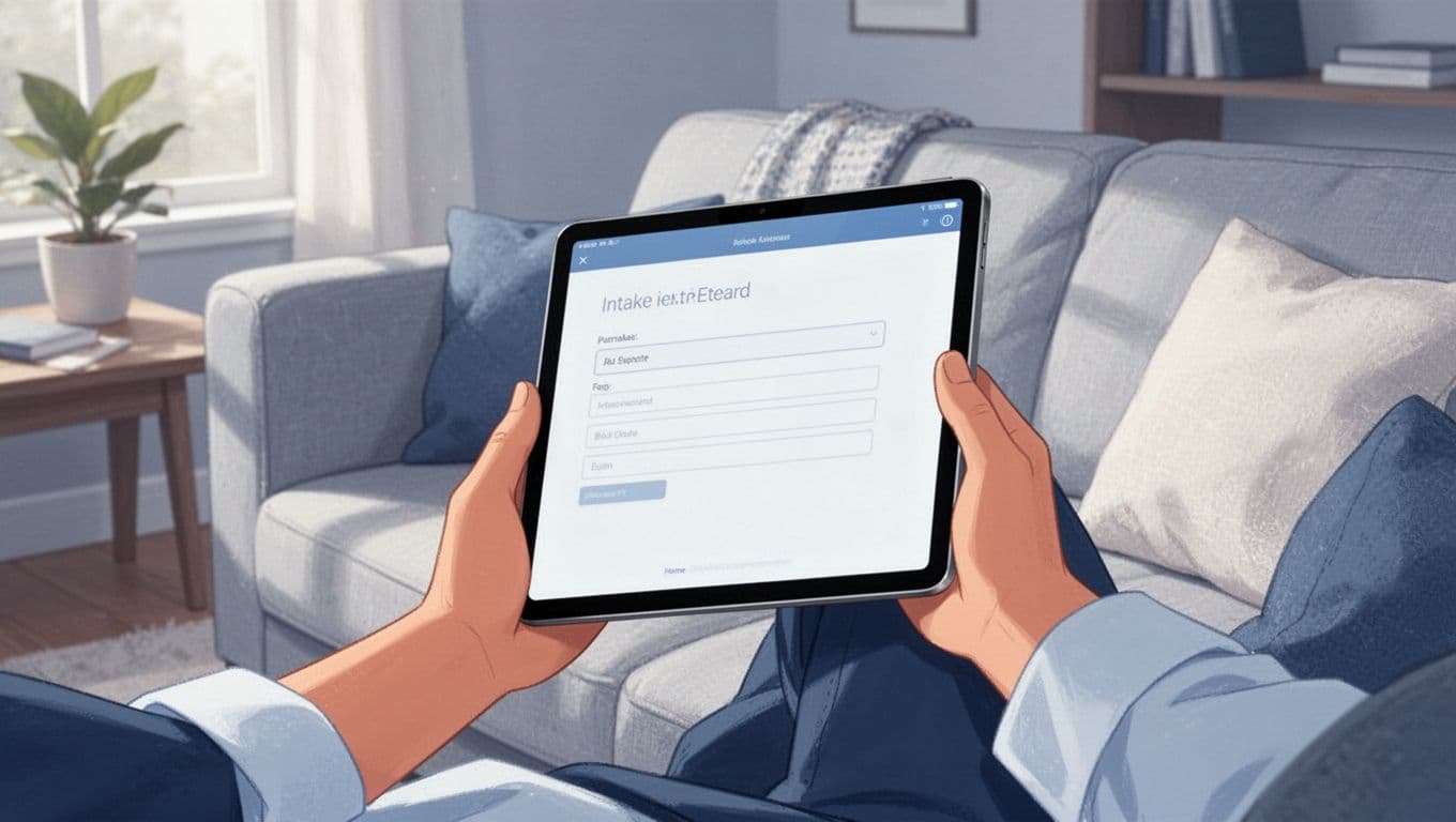 Modern illustration in clean shapes and blues-whites palette showing a Notion intake form open on a tablet held by one hand with relaxed grip on a couch in a cozy living room, natural indoor light, form fields faintly visible without readable text.