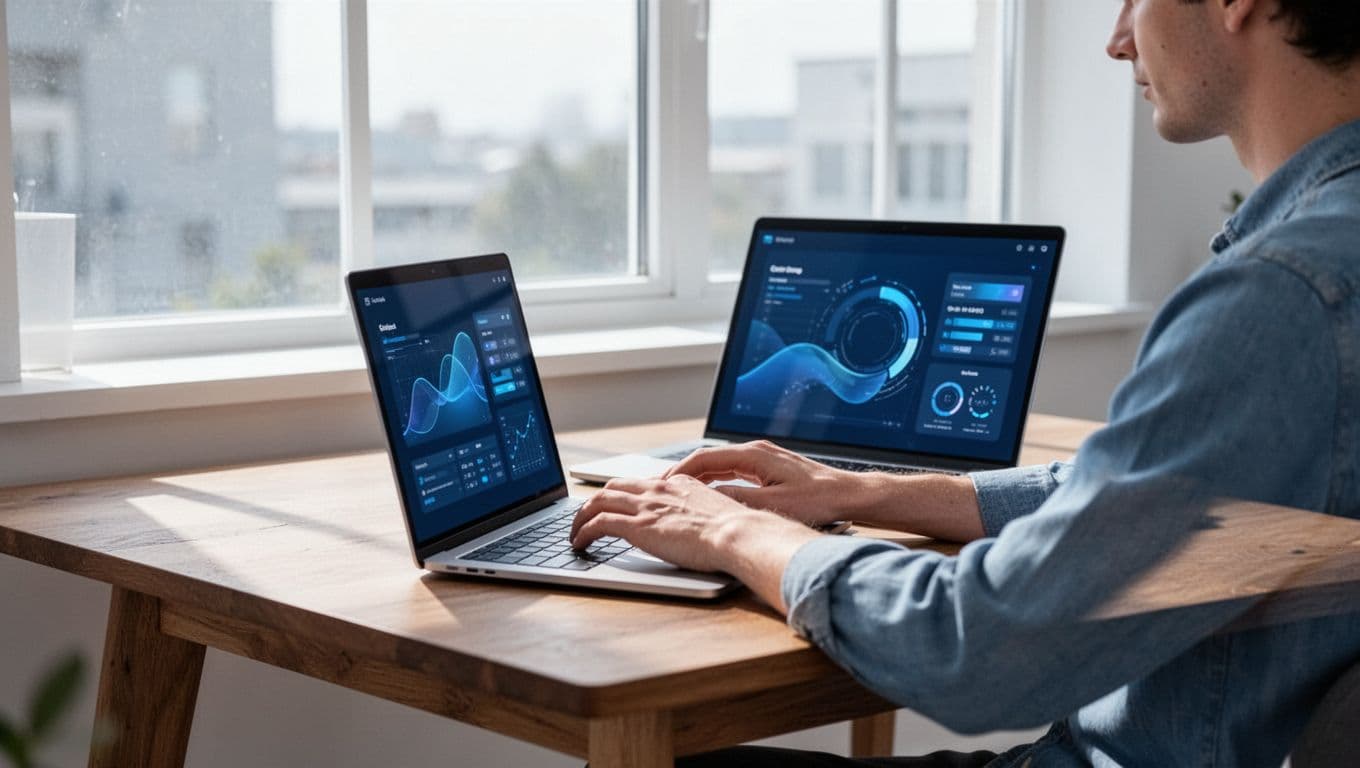 Modern illustration of a clean Notion dashboard showing a client onboarding page with databases and forms on a laptop in a bright home office. Side-angle view of one person with hands relaxed on the keyboard, natural daylight, blues and whites palette, strong composition.