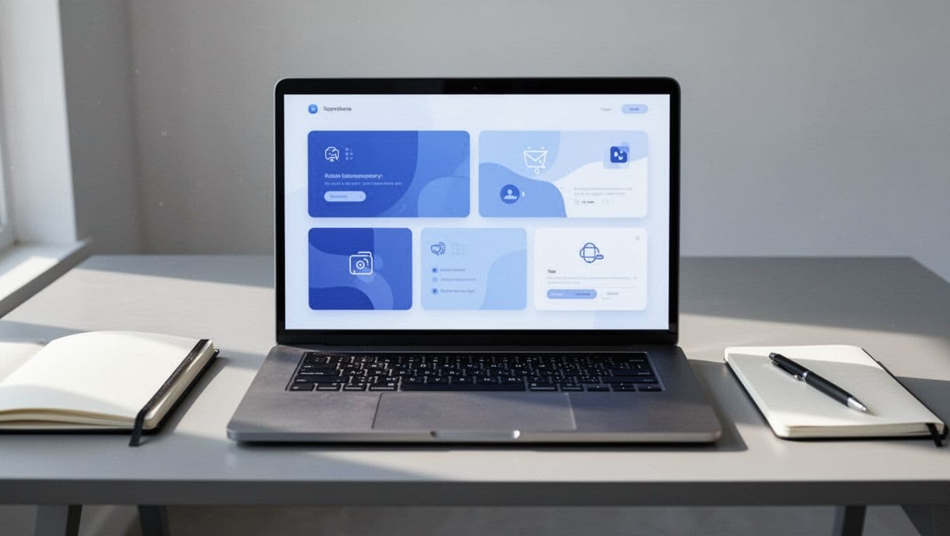 Modern illustration of a simple Notion-style client portal dashboard on a centered laptop screen on a desk with notebook and pen, using blues and whites under natural daylight.