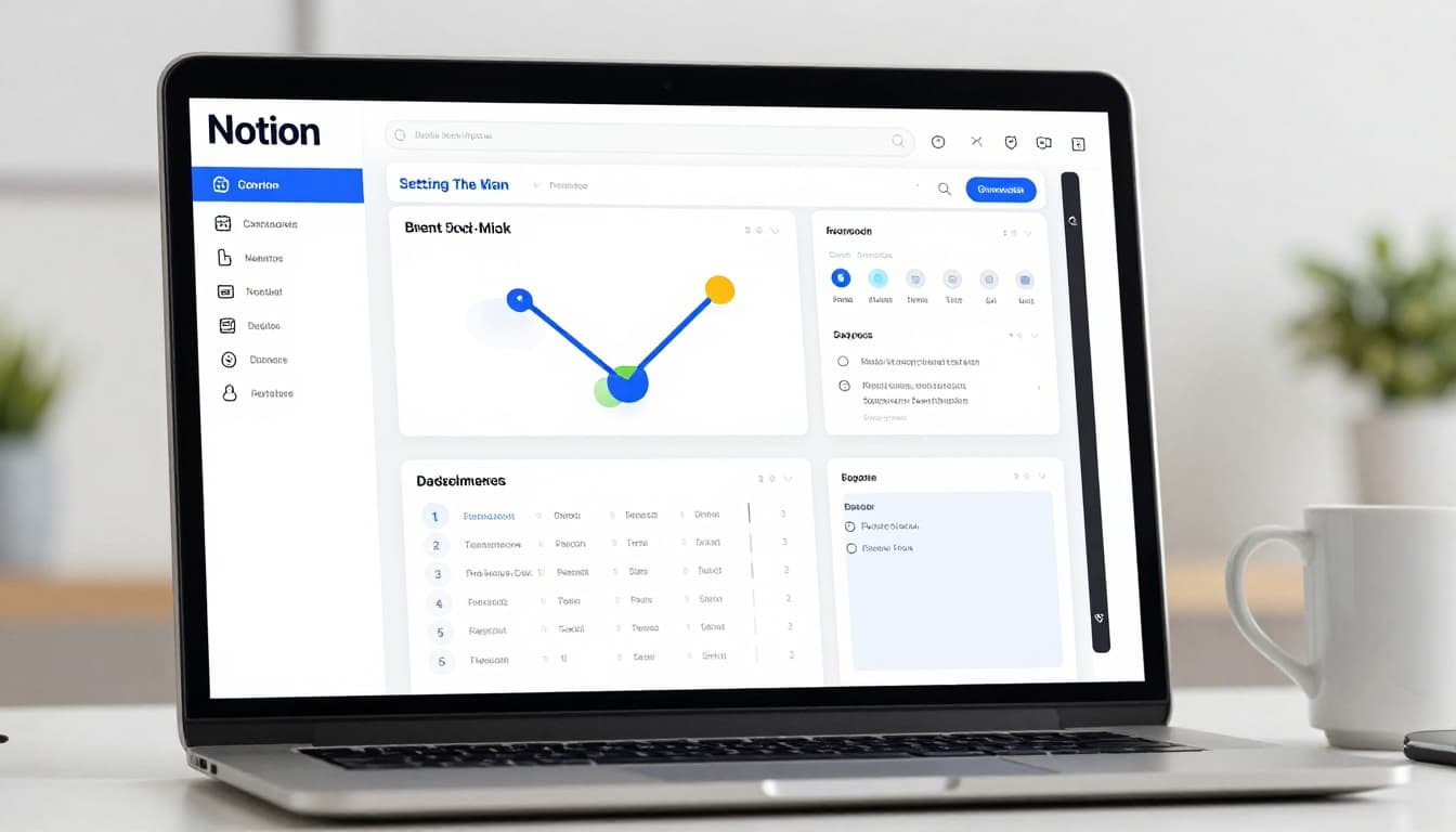 A modern illustration of a Notion client portal dashboard displayed on a laptop screen in an office setting with a coffee mug nearby. Features project cards, timelines, and status indicators in a clean blue and white palette.