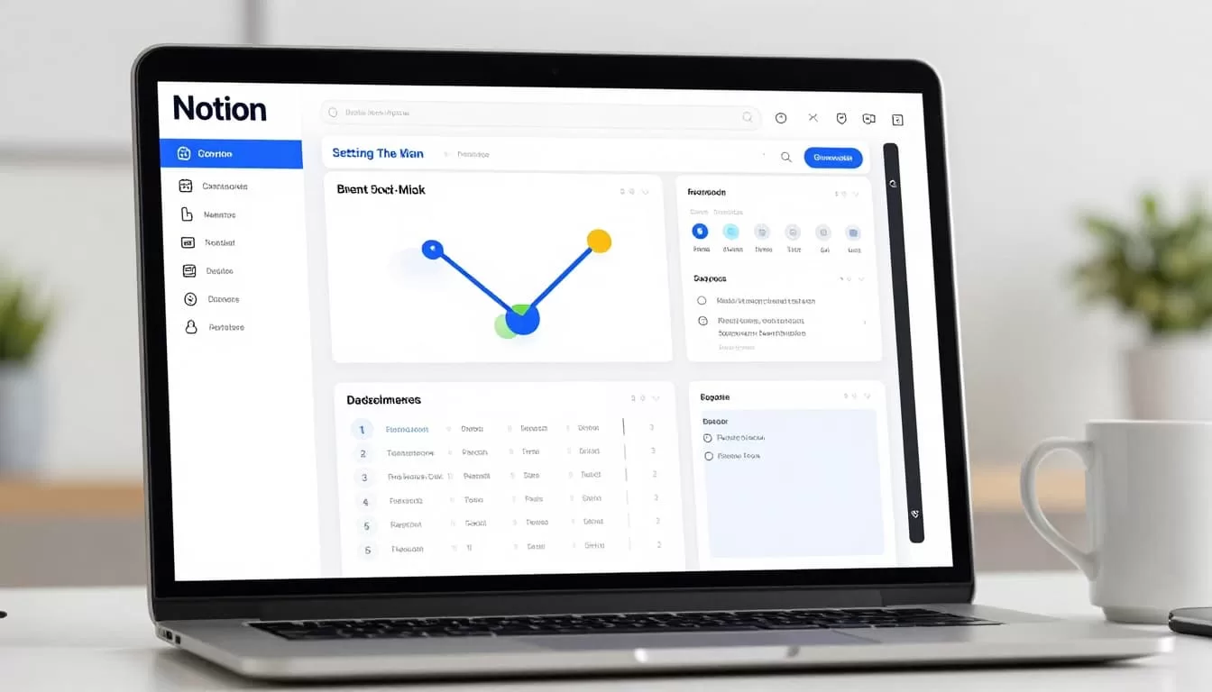 A modern illustration of a Notion client portal dashboard displayed on a laptop screen in an office setting with a coffee mug nearby. Features project cards, timelines, and status indicators in a clean blue and white palette.