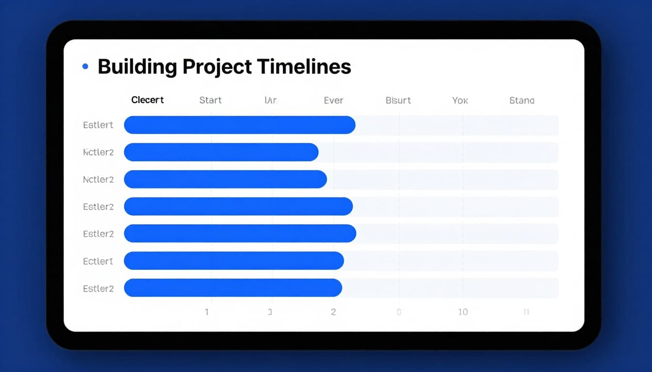 Modern illustration of a Notion database in timeline view for client projects, featuring progress bars from start to end dates grouped by project. Desktop screen in a simple workspace with close-up composition on the timeline, clean shapes, blue and white color palette, even lighting.
