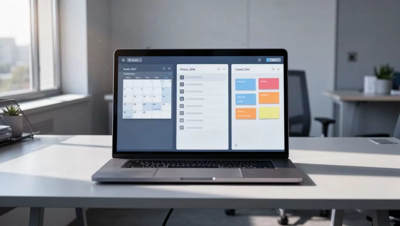 Modern illustration of a laptop screen displaying side-by-side Notion database views including calendar, list, and board for recurring task management, on a desk with soft office lighting.
