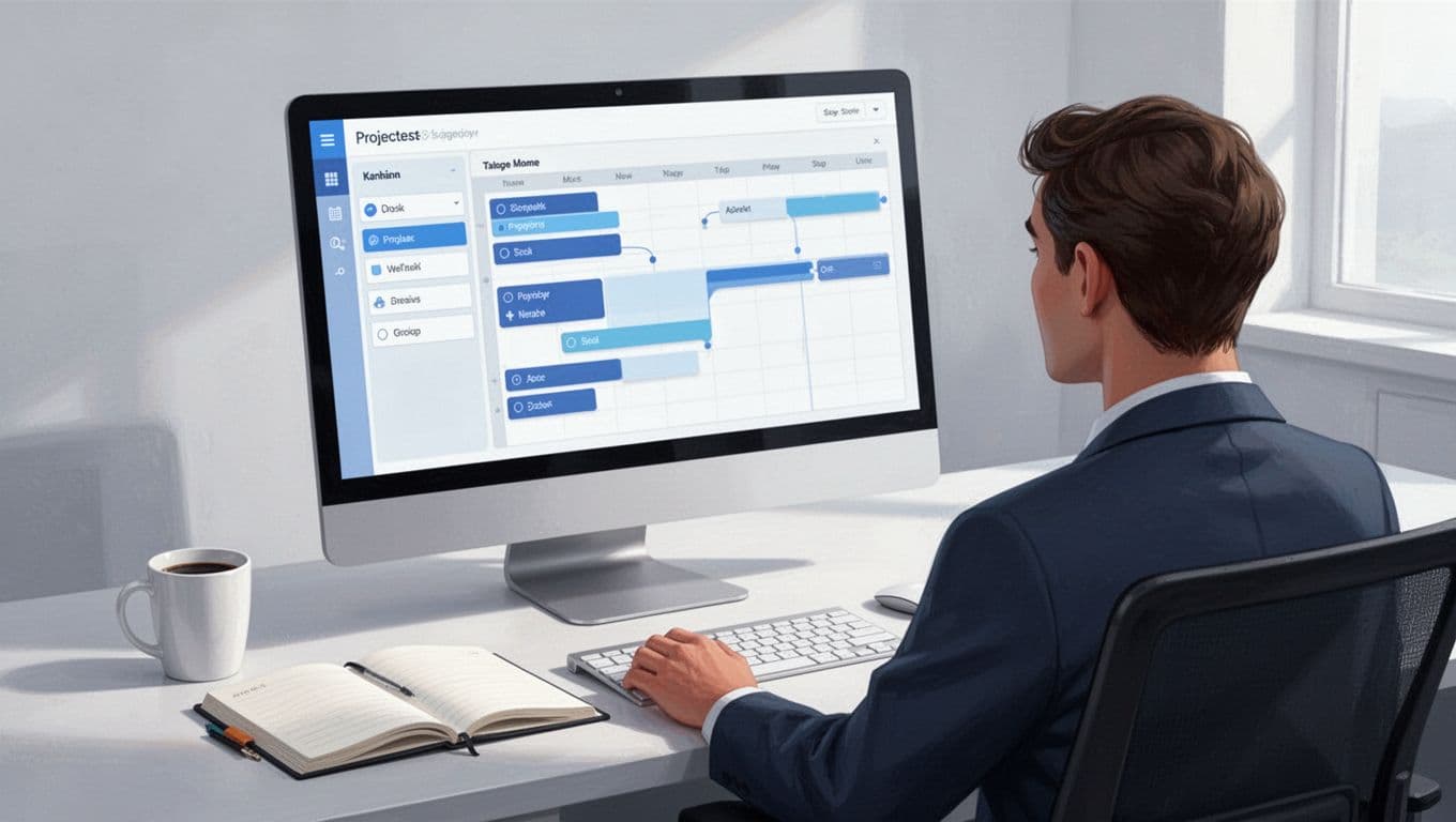Modern illustration in clean blues and whites of a Notion project tracker with kanban board and timeline views on a desktop screen, in a workspace with coffee mug, notebook, mouse, keyboard, and one person viewing from behind under soft office lighting.