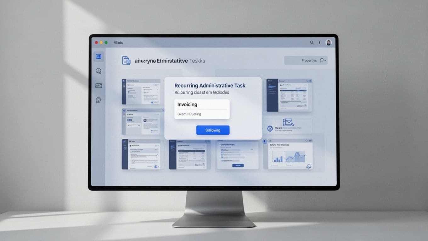 Modern illustration featuring a Notion template preview for recurring admin tasks like invoicing, shown on a desktop screen with clean shapes, blue-gray palette, simple background, and soft lighting.