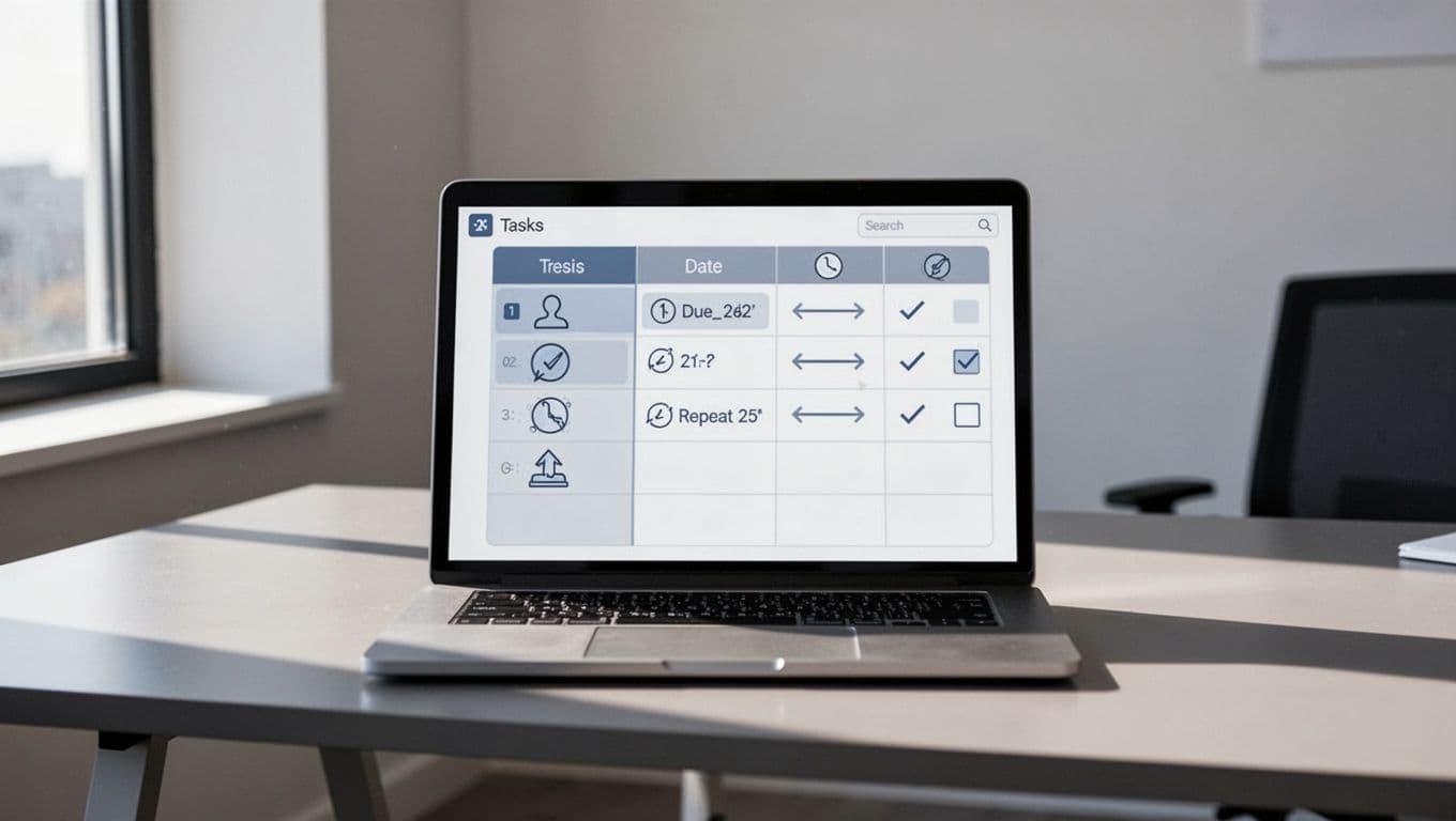 Modern illustration of a Notion database on a laptop screen showing task entries with columns for name, due date, repeat option, and status checkboxes in a clean blue-gray palette.