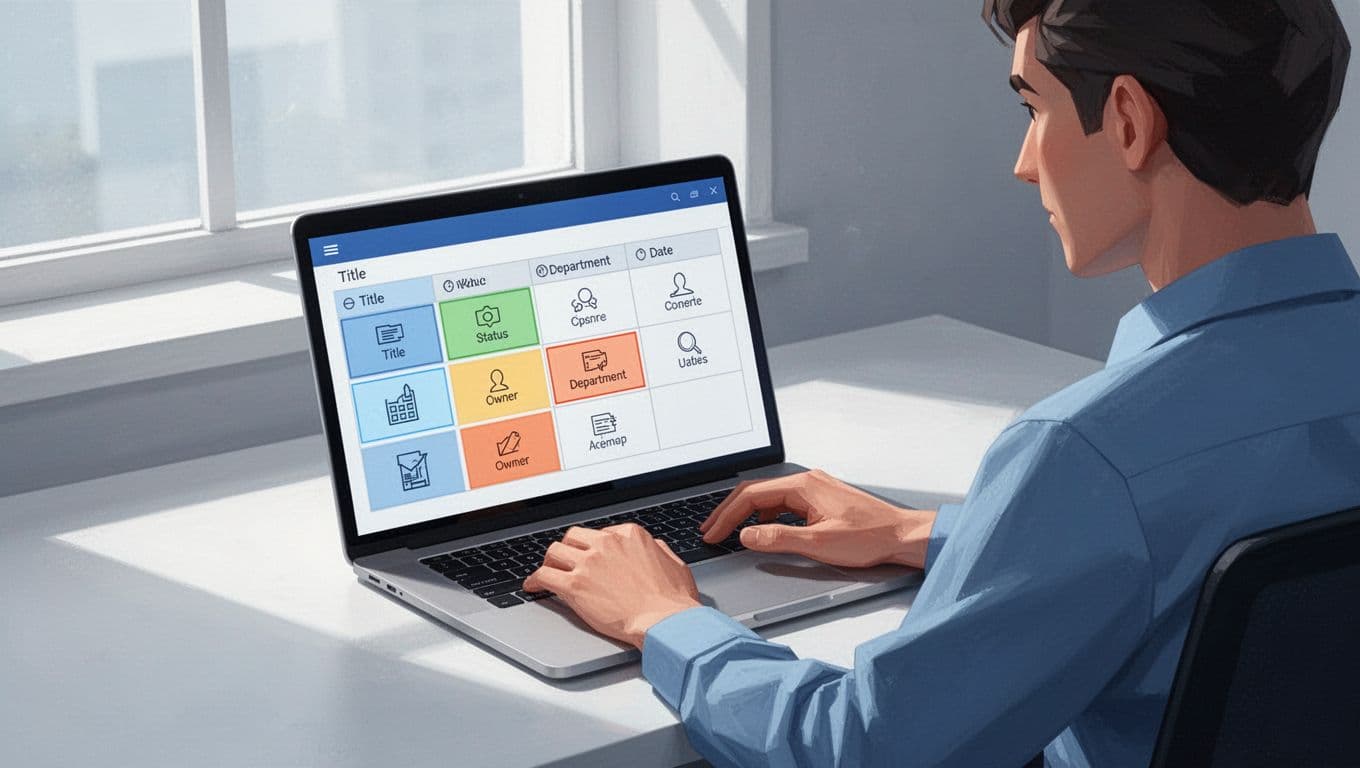 Modern illustration of a Notion workspace dashboard displaying a central SOP database in table view with columns for title, status, owner, department, and last reviewed date. Clean desk with laptop screen, soft natural light, and one person reviewing.
