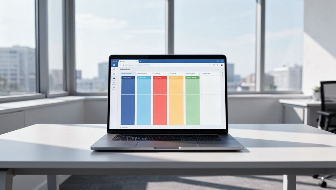 Clean modern illustration of a Notion database interface on a laptop screen, featuring columns for Process Name, Owner, Department, Status, and Last Reviewed, set on a simple desk in a bright office with soft lighting.