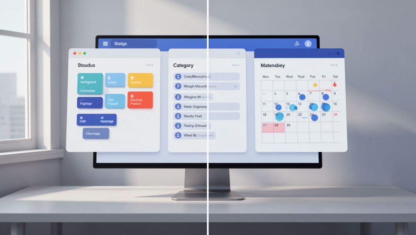 Modern illustration of a Notion database for SOPs split into three views: board by status, list by department, and calendar by review date on a clean workspace with one monitor.