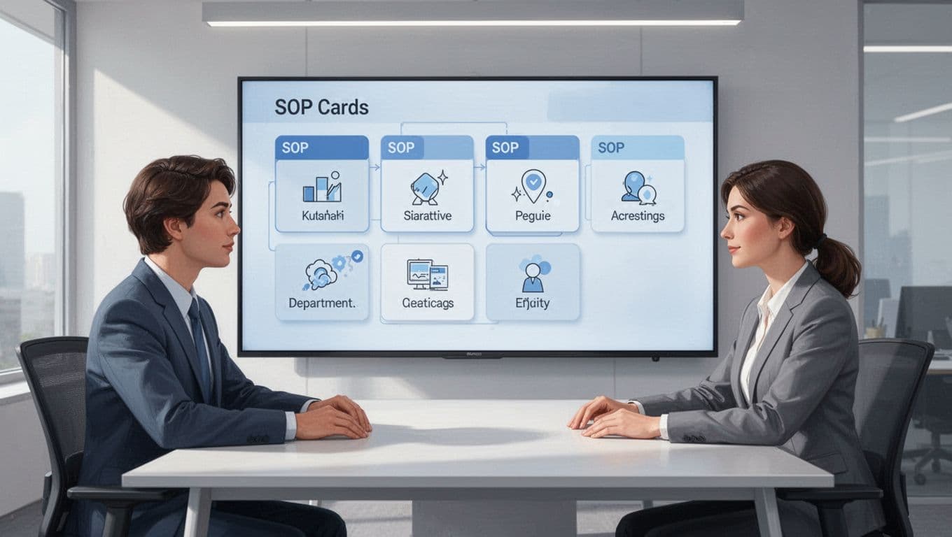 Modern illustration of two team members in a contemporary office collaboratively viewing a large screen displaying a Notion kanban board of SOPs filtered by department, with icons for sales, marketing, and operations.