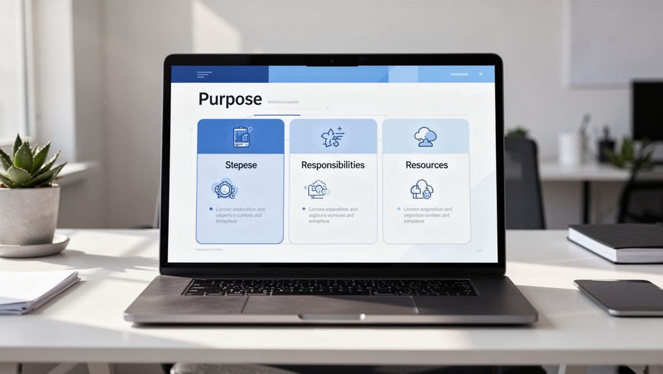 Modern illustration of a Notion SOP template page open on a laptop screen, featuring sections like purpose, steps, responsibilities, and resources with simple icons in a clean blue and white palette.