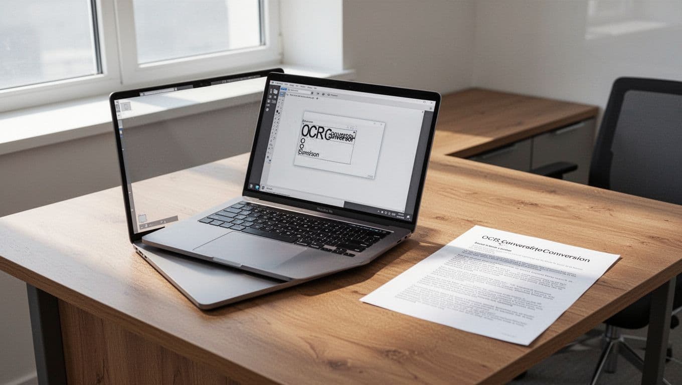 Modern illustration showing a scanned paper document on a desk next to a laptop screen displaying editable text from the OCR process in a simple office setting with bright natural light.