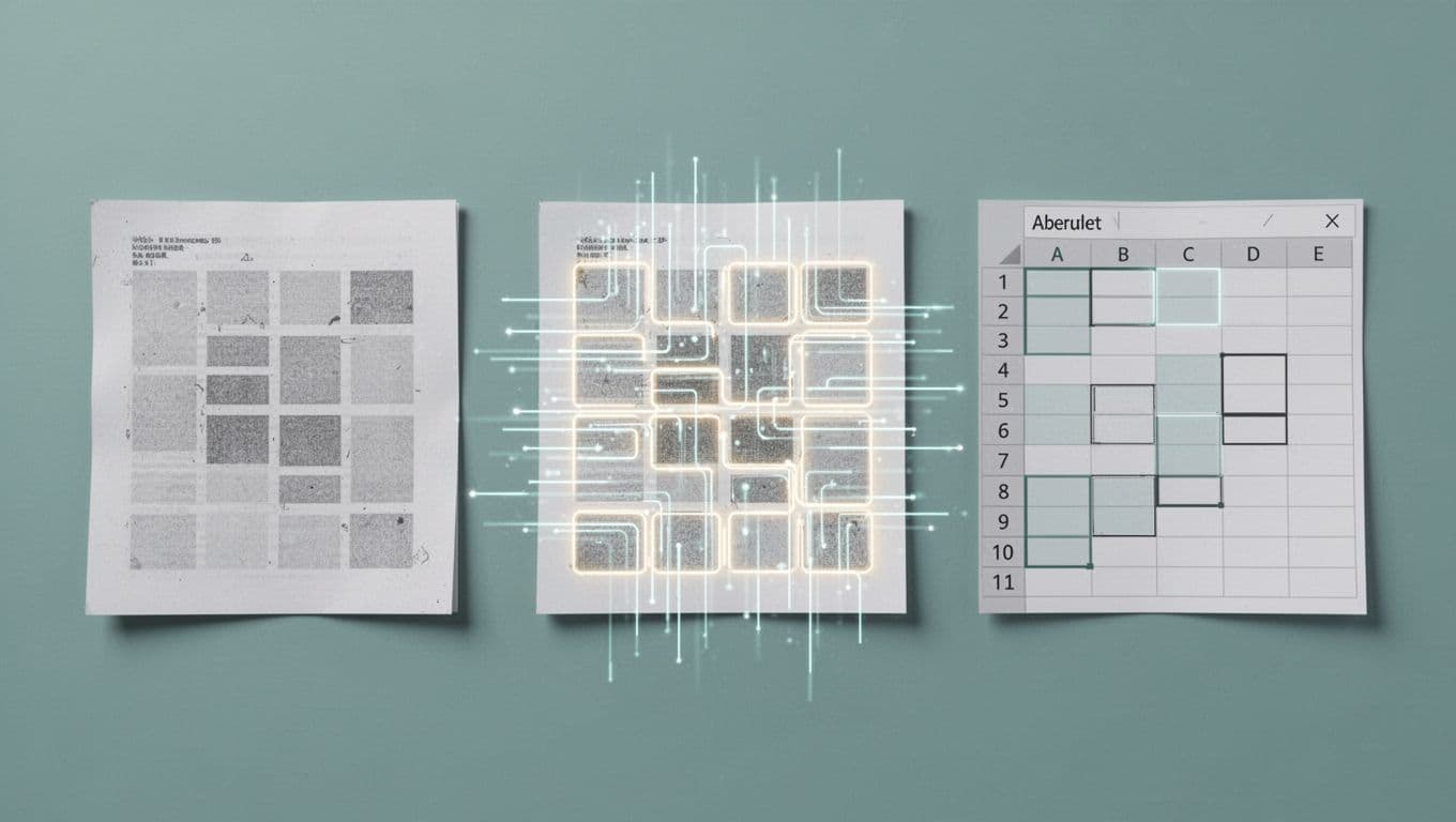 Three-panel horizontal illustration showing OCR conversion: scanned PDF table image, active OCR scanning with glowing lines, and clean Excel table output. Modern design with blue-green palette and neutral background.