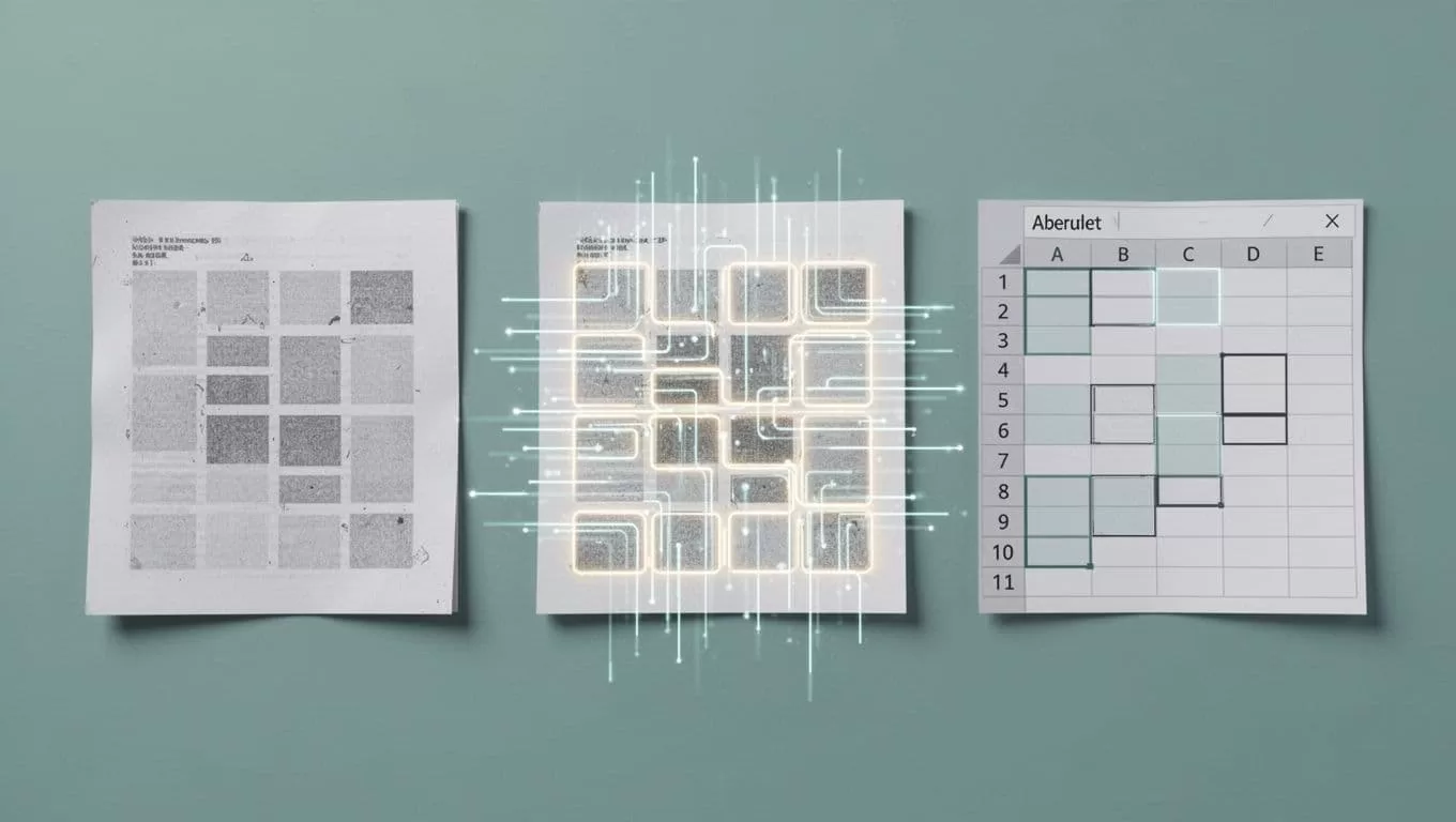Three-panel horizontal illustration showing OCR conversion: scanned PDF table image, active OCR scanning with glowing lines, and clean Excel table output. Modern design with blue-green palette and neutral background.
