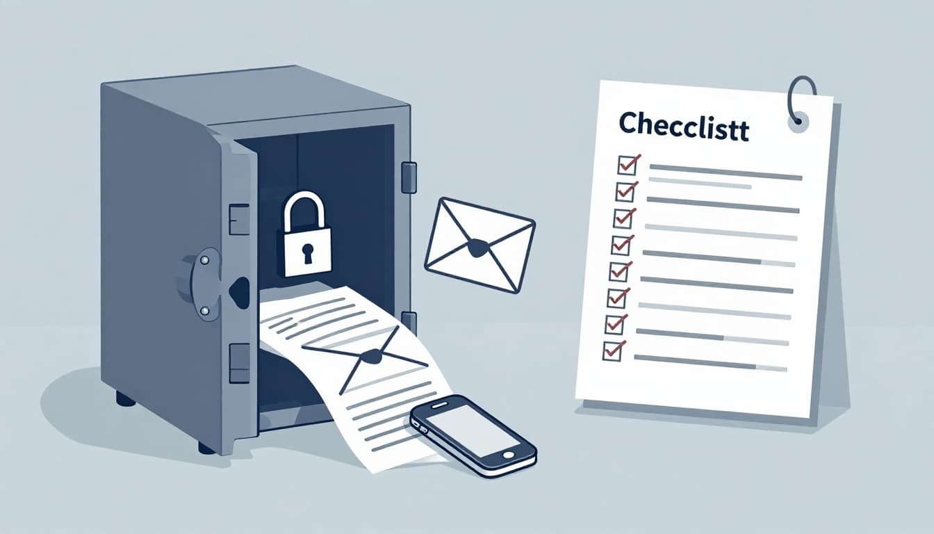 Modern symbolic illustration of offboarding security risks including spilling files from an open safe, unlocked padlock on email icon, and forgotten mobile device, contrasted by a sturdy checklist shield securing them in a clean workspace.