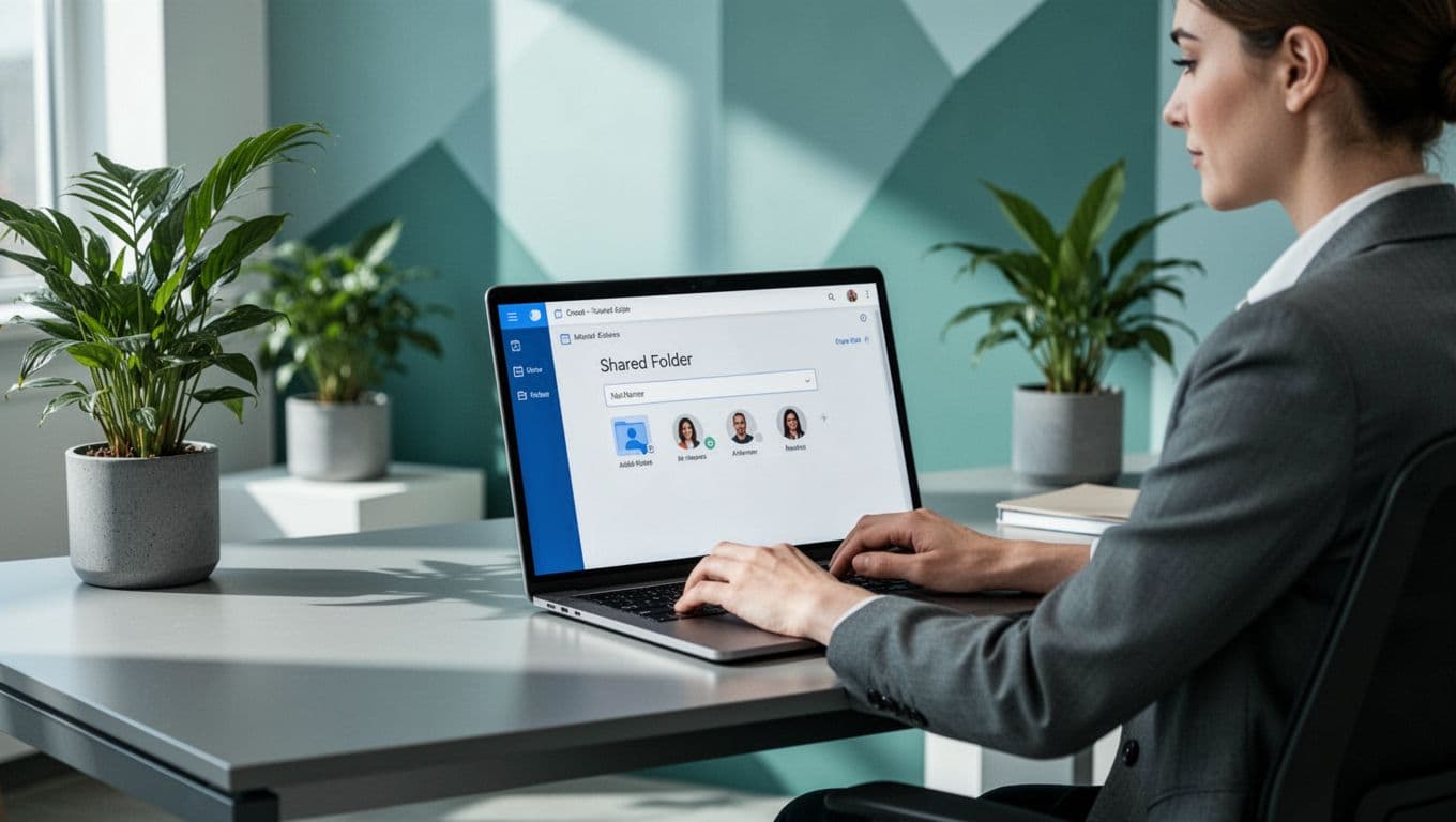 Illustration of an office manager at a desk with a laptop open to Google Drive, screen showing the creation of a new shared drive with name input and member addition, in a modern office setting.