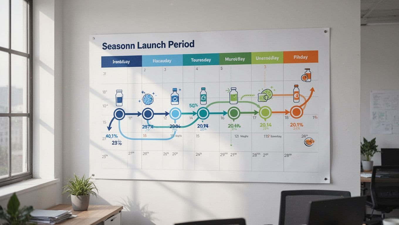 Modern illustration of a wall calendar in an office setting, marked with seasonal product launch dates like Summer Hydration 2026 and Holiday Gifts Dec 2026. Arrows depict the planning timeline from trend spotting to launch, with simple product icons under soft window light.
