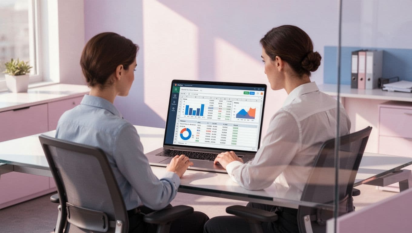 Modern illustration of an office worker at a computer desk viewing a Google Sheets dashboard populated with internal request data from forms, featuring visible charts and rows without text details, in a clean modern office with bright lighting.