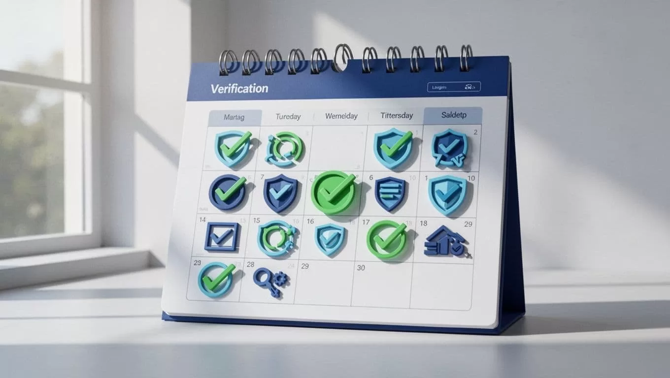 Modern illustration of an ongoing email maintenance calendar featuring verification checks, re-engagement emails, and compliance icons in a sales dashboard. Utilizes clean shapes, controlled blues and greens palette, strong composition, and soft lighting.