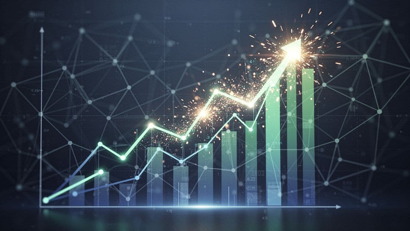 Modern minimalist illustration featuring clean upward trending graph lines on a digital screen, representing explosive growth in search volume for online courses. Blues and greens color palette with faint connected nodes background, no text or people.