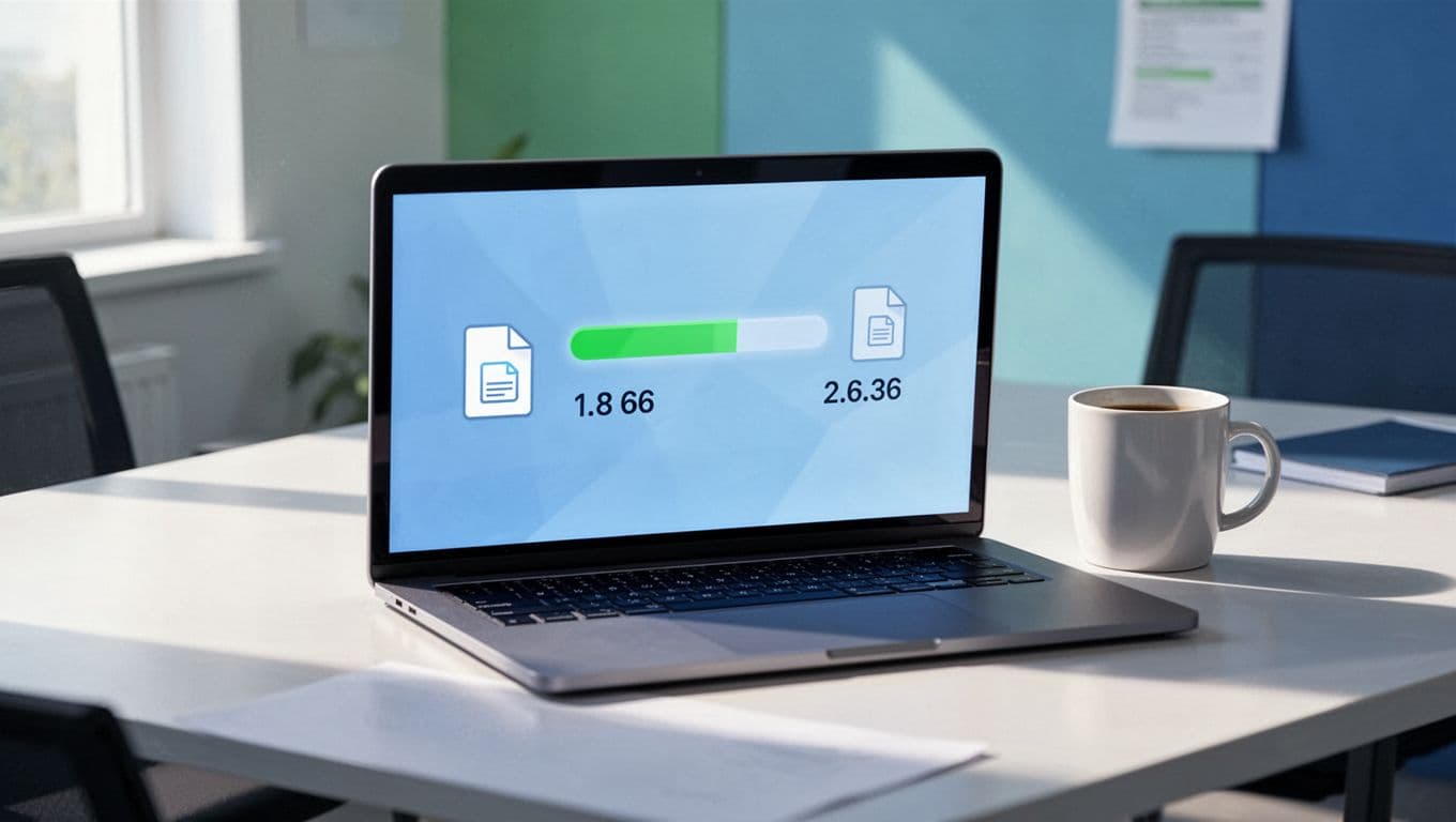 Modern illustration of a laptop on a clean desk displaying an online PDF compressor webpage with upload progress for a large file compressing to a smaller one, before and after file sizes as icons, office setting with coffee mug.