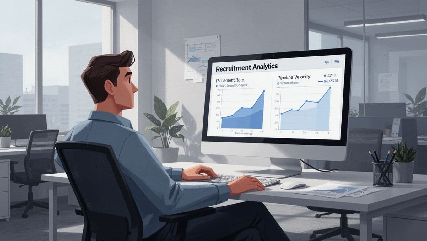 Operations manager in agency office examines computer screen showing recruitment metrics including placement rates and pipeline velocity charts.