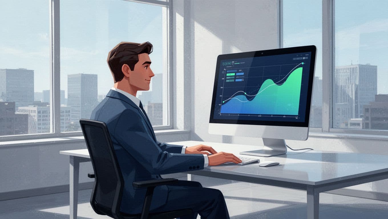 Modern illustration of one ops leader at a modern desk, relaxed posture, reviewing marketing campaign reports on a computer dashboard with charts, using clean blue and green colors and bright window light.
