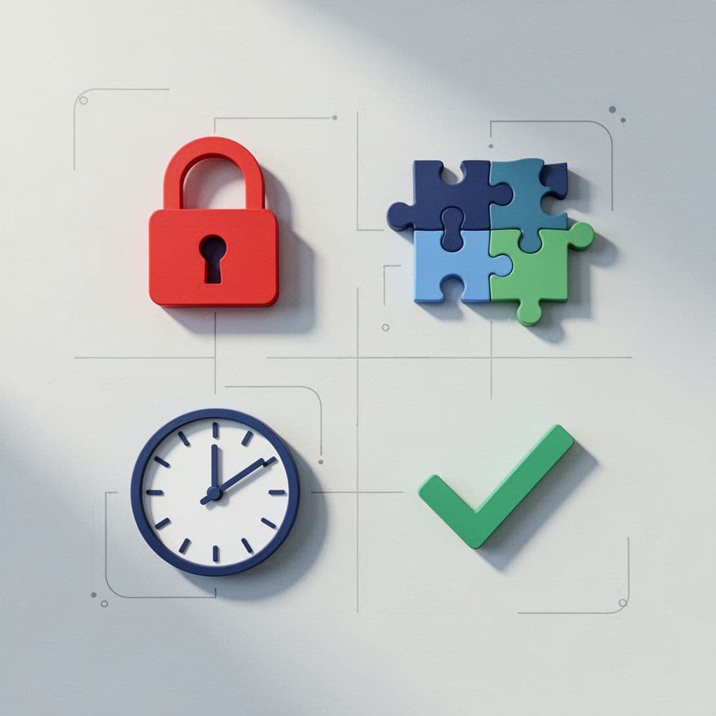 Modern illustration in blues and greens with clean shapes: icons of a red lock for authentication, mismatched puzzle for formatting, slow clock for delays, and checkmark for success, in a simple grid on light background.