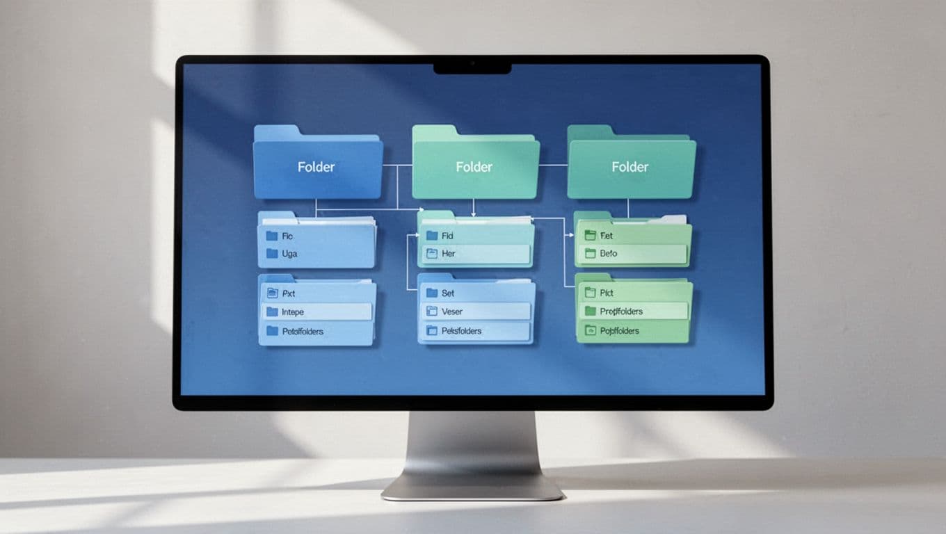 Modern illustration in clean shapes with controlled blue and green colors showing a digital folder hierarchy on a computer screen. Main folders include 'Onboarding', 'Day-to-Day', 'Compliance', and 'Communication', each with subfolders like 'Forms', 'Guides', and 'Templates'.