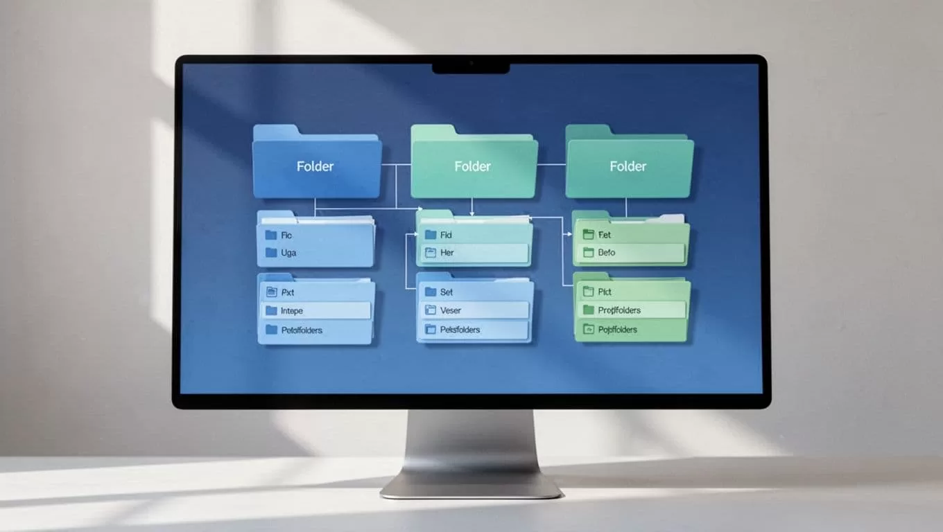 Modern illustration in clean shapes with controlled blue and green colors showing a digital folder hierarchy on a computer screen. Main folders include 'Onboarding', 'Day-to-Day', 'Compliance', and 'Communication', each with subfolders like 'Forms', 'Guides', and 'Templates'.
