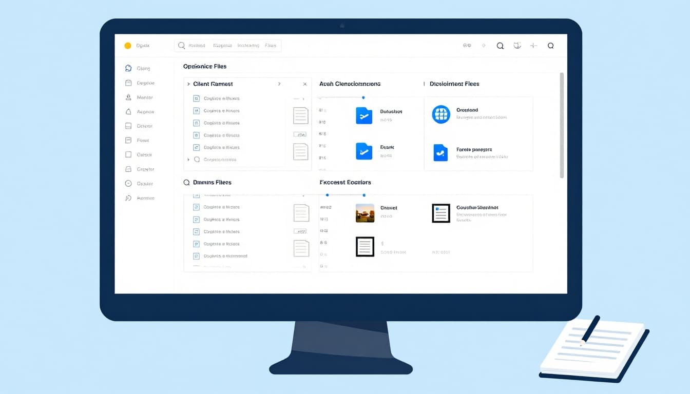 Modern flat design illustration of a computer screen displaying neatly organized Dropbox folders with client-submitted files in subfolders by project or date, accompanied by a mouse and notepad on a desk.