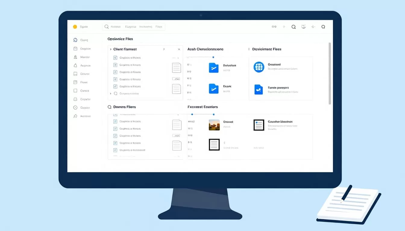 Modern flat design illustration of a computer screen displaying neatly organized Dropbox folders with client-submitted files in subfolders by project or date, accompanied by a mouse and notepad on a desk.