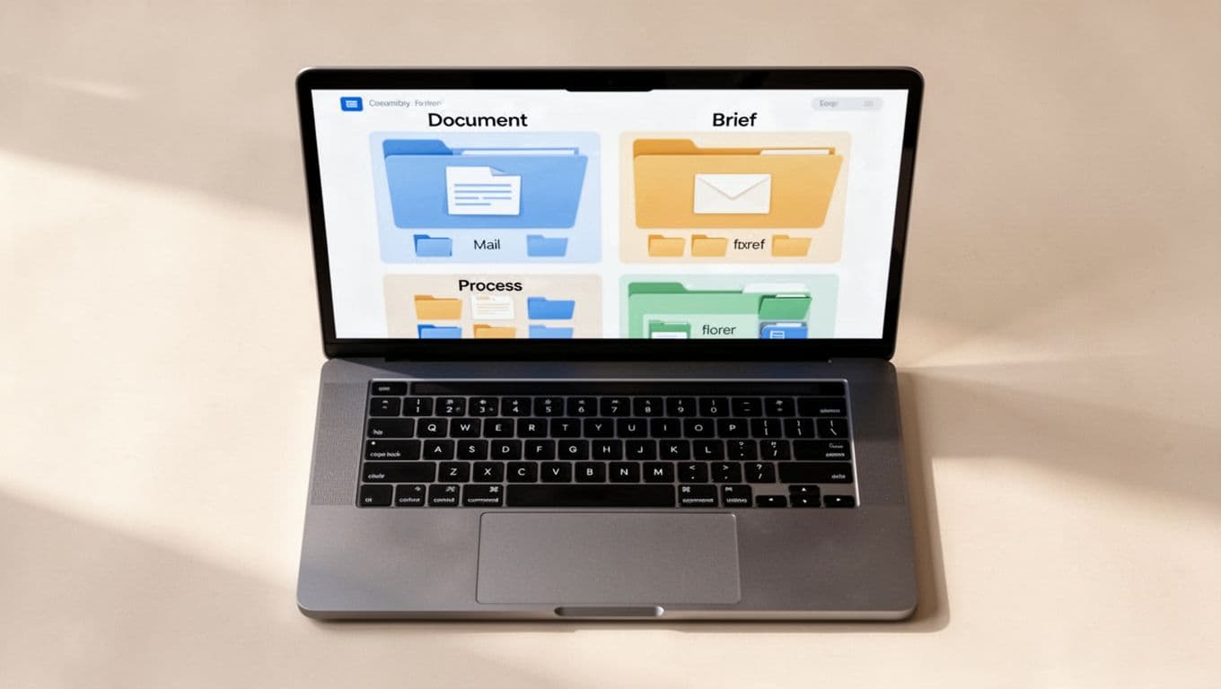 Modern illustration of a clean, organized digital folder structure on a laptop screen, featuring main folders for Documents, Emails, Project Briefs, and Recurring Processes with subfolders and simple icons. Top-down view of a desktop with one centered laptop on a light neutral background.