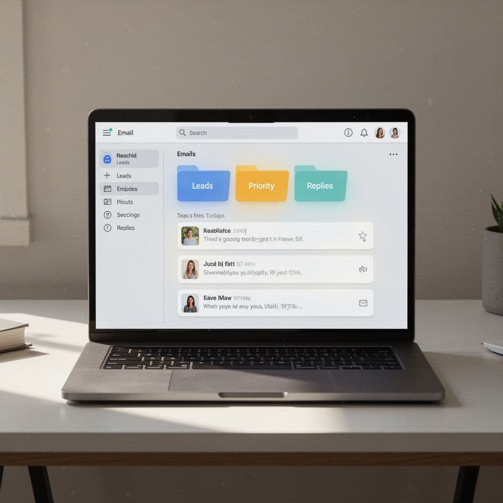 Clean illustration of an organized Gmail inbox displaying labels like Leads, Hot, Priority, and Replies with highlighted email threads from prospects and sales replies on a focused laptop screen.