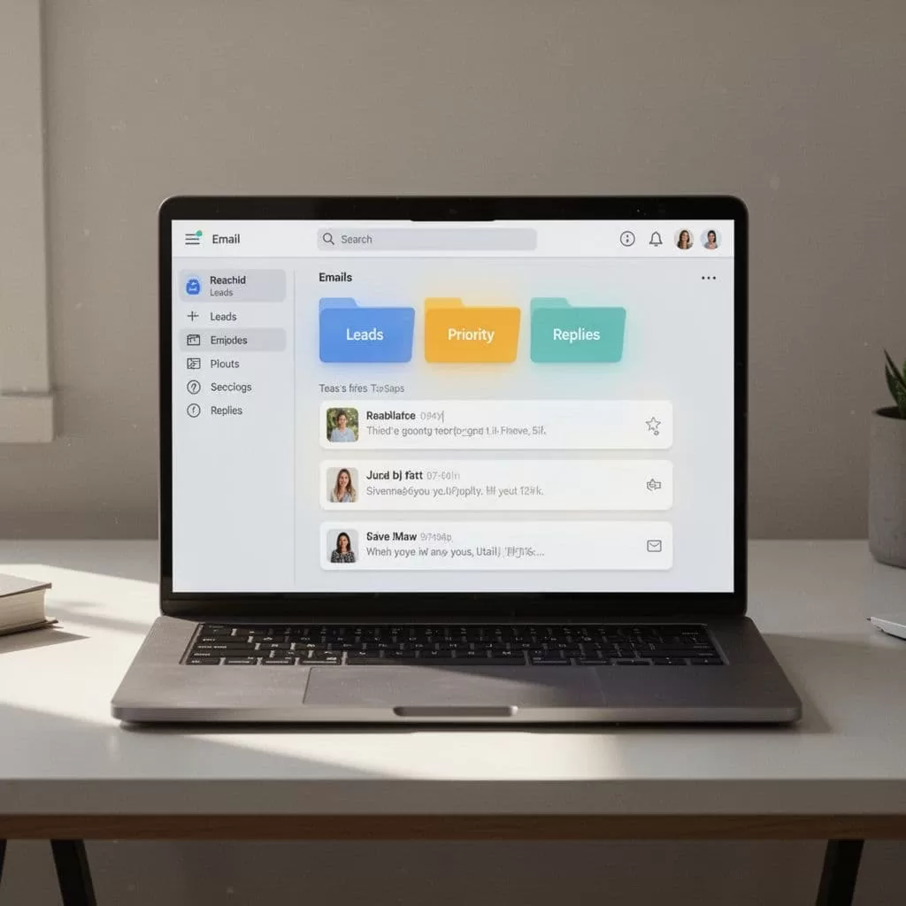 Clean illustration of an organized Gmail inbox displaying labels like Leads, Hot, Priority, and Replies with highlighted email threads from prospects and sales replies on a focused laptop screen.