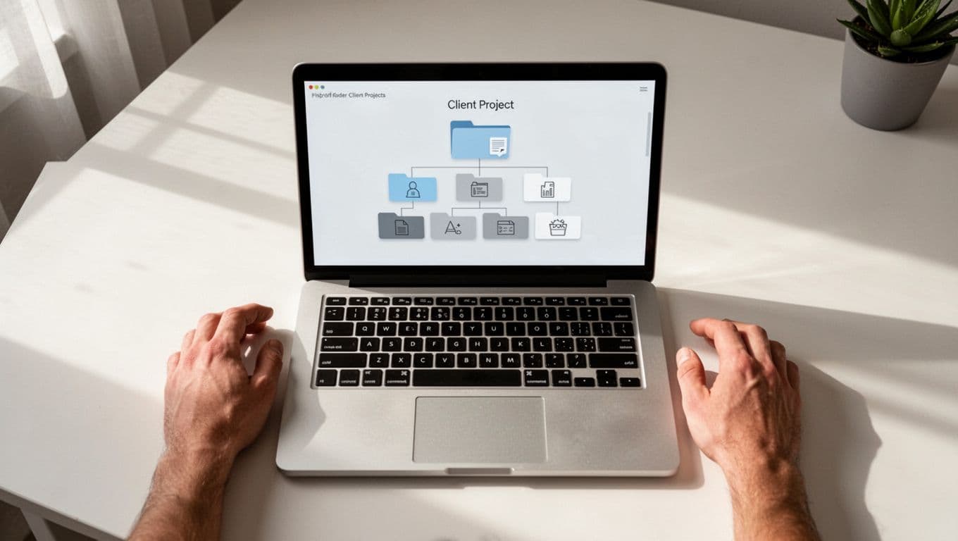 Illustration of structured Google Drive folders for client projects with subfolders Drafts, Client Review, Approved Versions, and Archived, viewed from above on a desk with a laptop screen showing the folder tree.