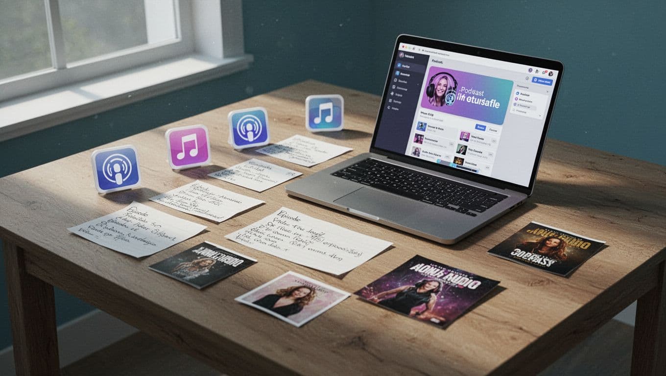 Clean wooden desk with neatly arranged MP3 icons, metadata notes, and episode thumbnails; open laptop shows podcast dashboard.