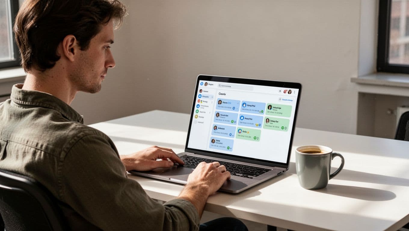 Modern illustration of an organized Slack dashboard for a small team, showing categorized channels like general, projects, and team chats in clean sections on a laptop screen, viewed by one person in a simple office with natural lighting.
