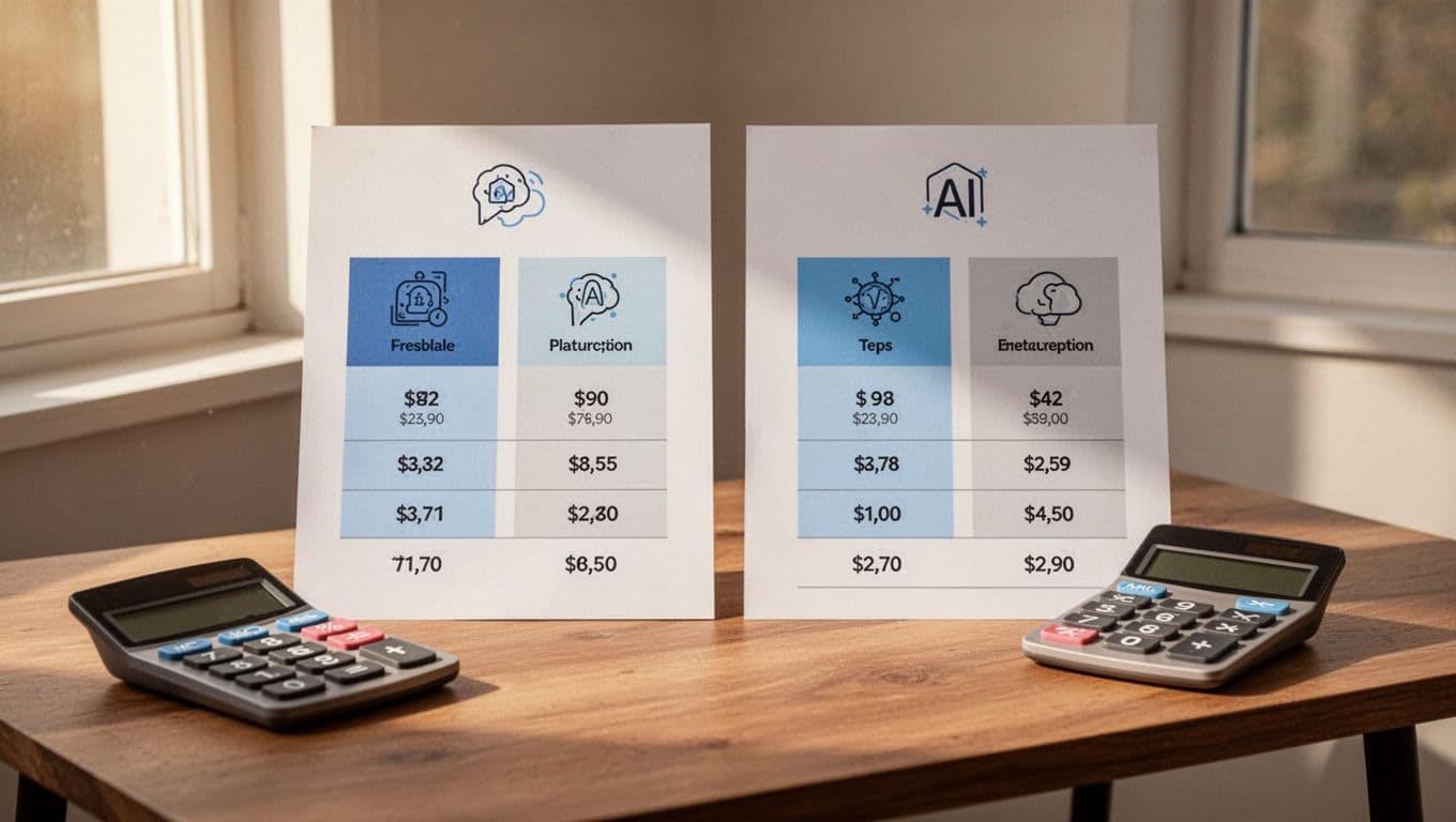 Modern illustration with clean shapes and controlled color palette showing side-by-side pricing charts for Otter AI and Fireflies AI plans on a desk with a calculator. Simple icons represent Pro and Business tiers in a strong composition with exactly one table.