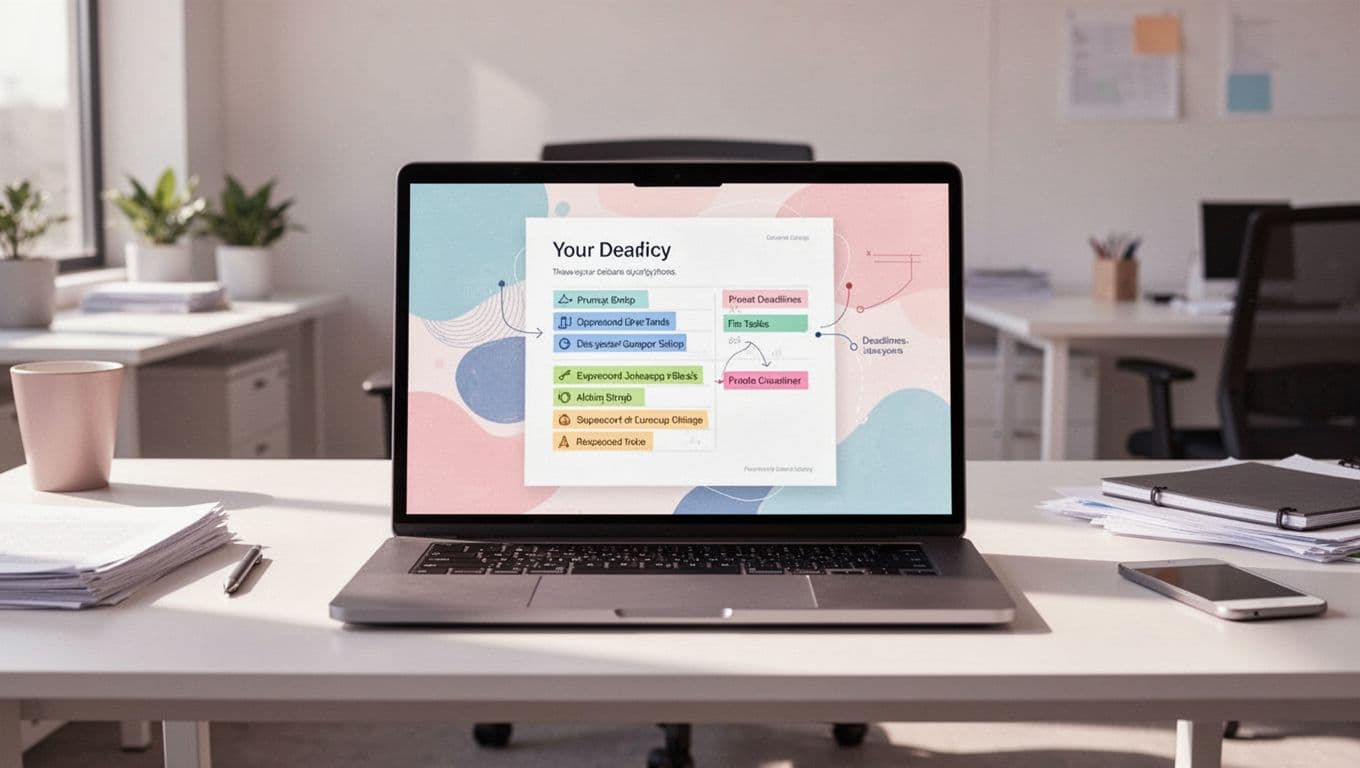 Modern illustration of Otter AI interface on a laptop screen showing a meeting transcript with highlighted action items like tasks and deadlines, placed on a desk in a modern office with soft lighting and focus on the screen.