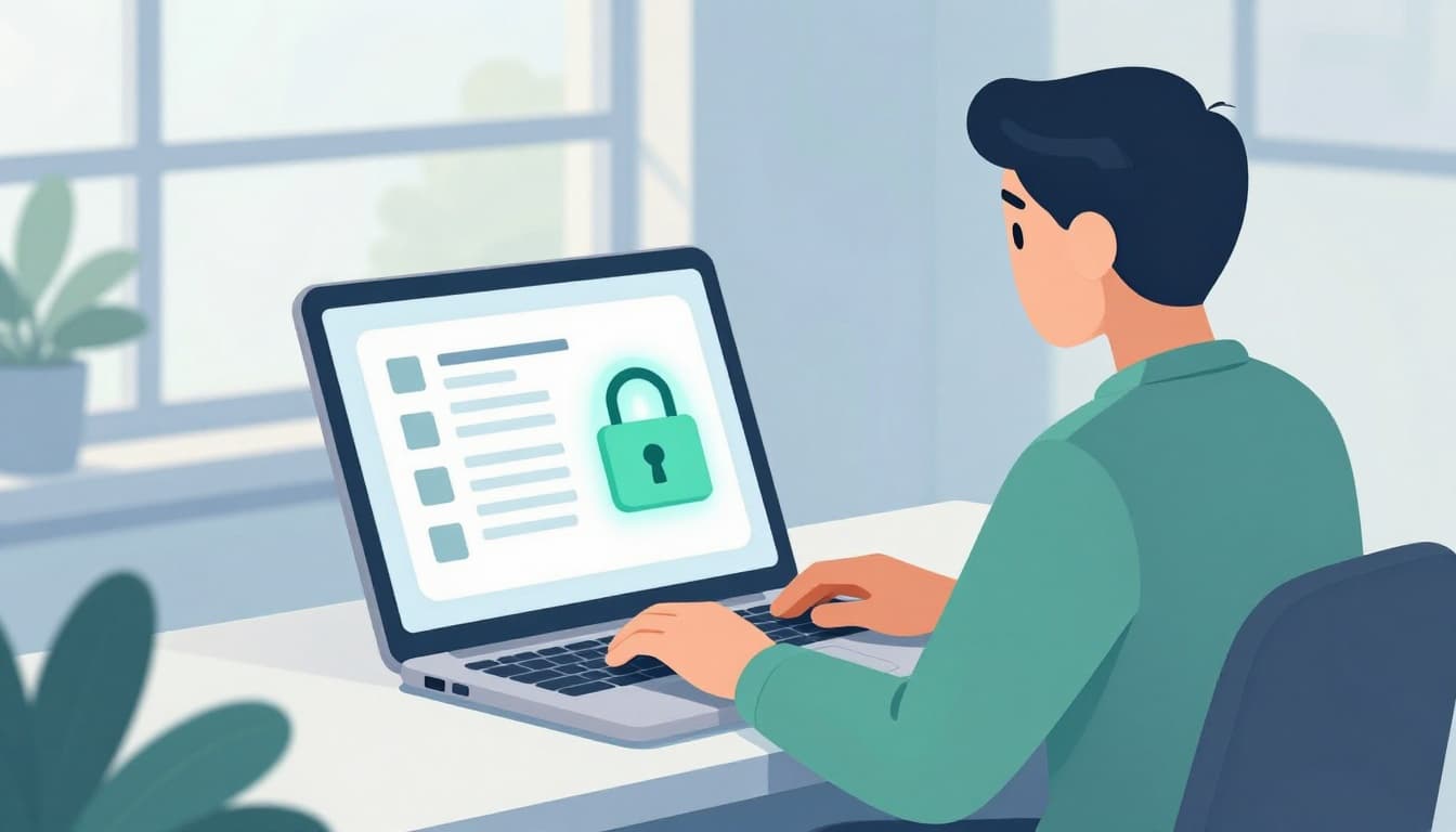 Modern illustration of a person at a desk securing a PDF file on a laptop by entering a password lock, in a clean office with soft natural light.