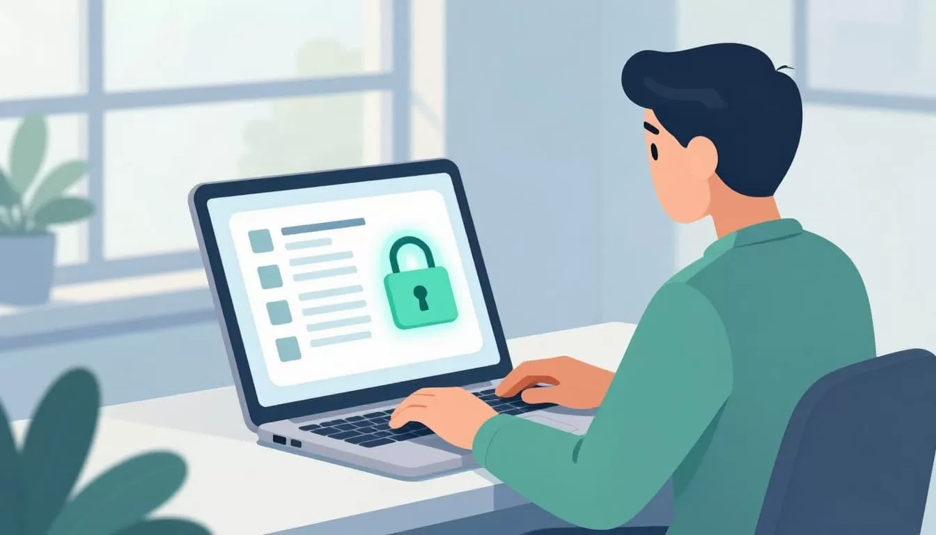 Modern illustration of a person at a desk securing a PDF file on a laptop by entering a password lock, in a clean office with soft natural light.