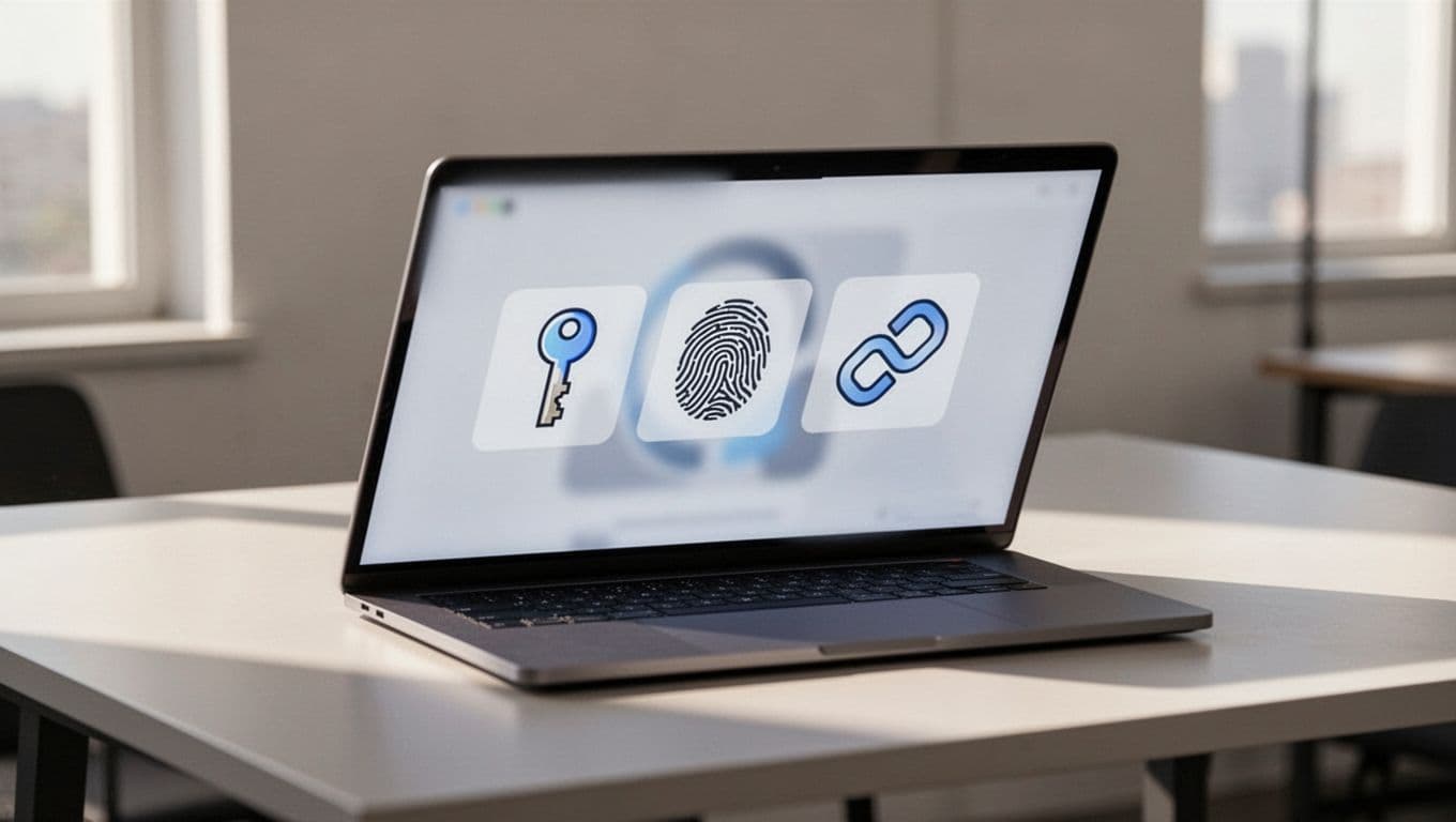 Modern illustration of an abstract comparison chart featuring passwordless tools icons like passkey, fingerprint, and magic link on a dashboard screen, viewed from a side angle on a simple office desk with soft lighting.