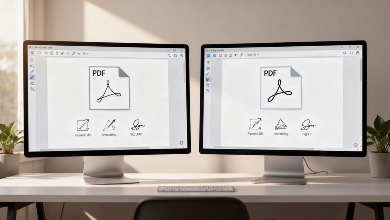 Modern illustration of two PDF editor interfaces compared side by side on a computer screen, with simple icons for features like edit, annotate, and sign. Clean shapes, controlled colors, strong composition, no text, watermarks, logos, hands, or people.