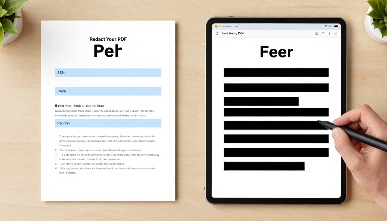 Modern split-view illustration of a PDF document before and after redaction, showing sensitive information visible on the left and permanently blacked out on the right, with a digital redaction tool interface.