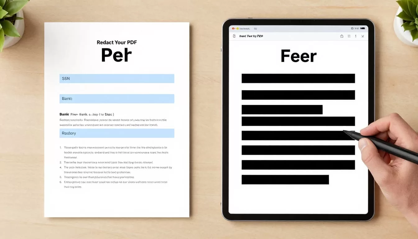 Modern split-view illustration of a PDF document before and after redaction, showing sensitive information visible on the left and permanently blacked out on the right, with a digital redaction tool interface.