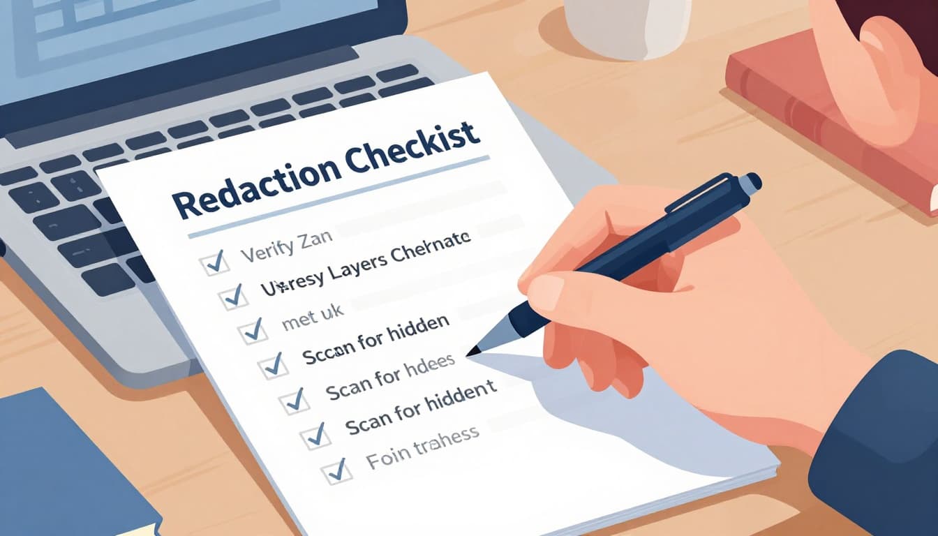 Modern illustration of a checklist on paper next to a computer with an open PDF, featuring checked verification steps like layers, metadata, and hidden text scans, with a professional hand holding a pen.