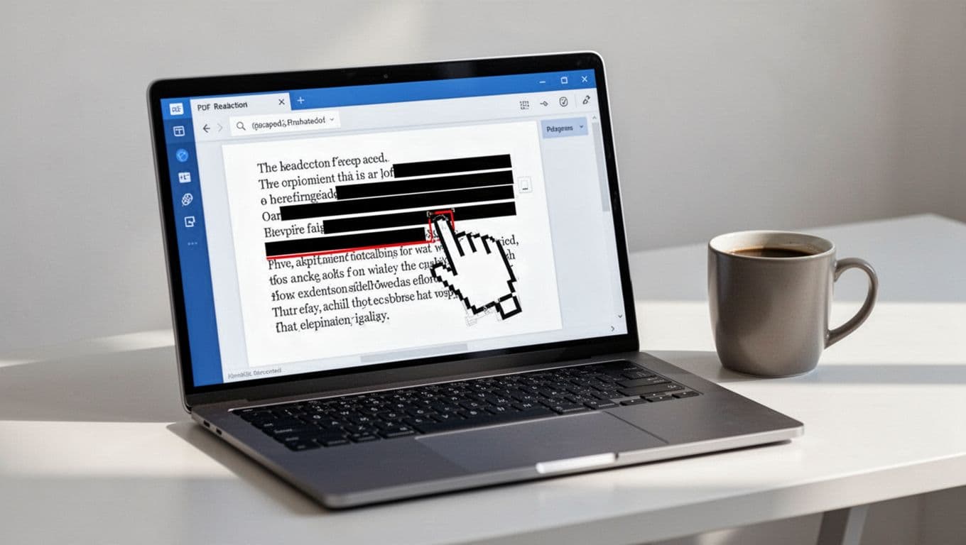 Modern illustration of a close-up laptop screen showing a PDF redaction interface with a cursor selecting text to redact using black bars, on a simple desktop with a coffee mug nearby, in clean blues and whites.