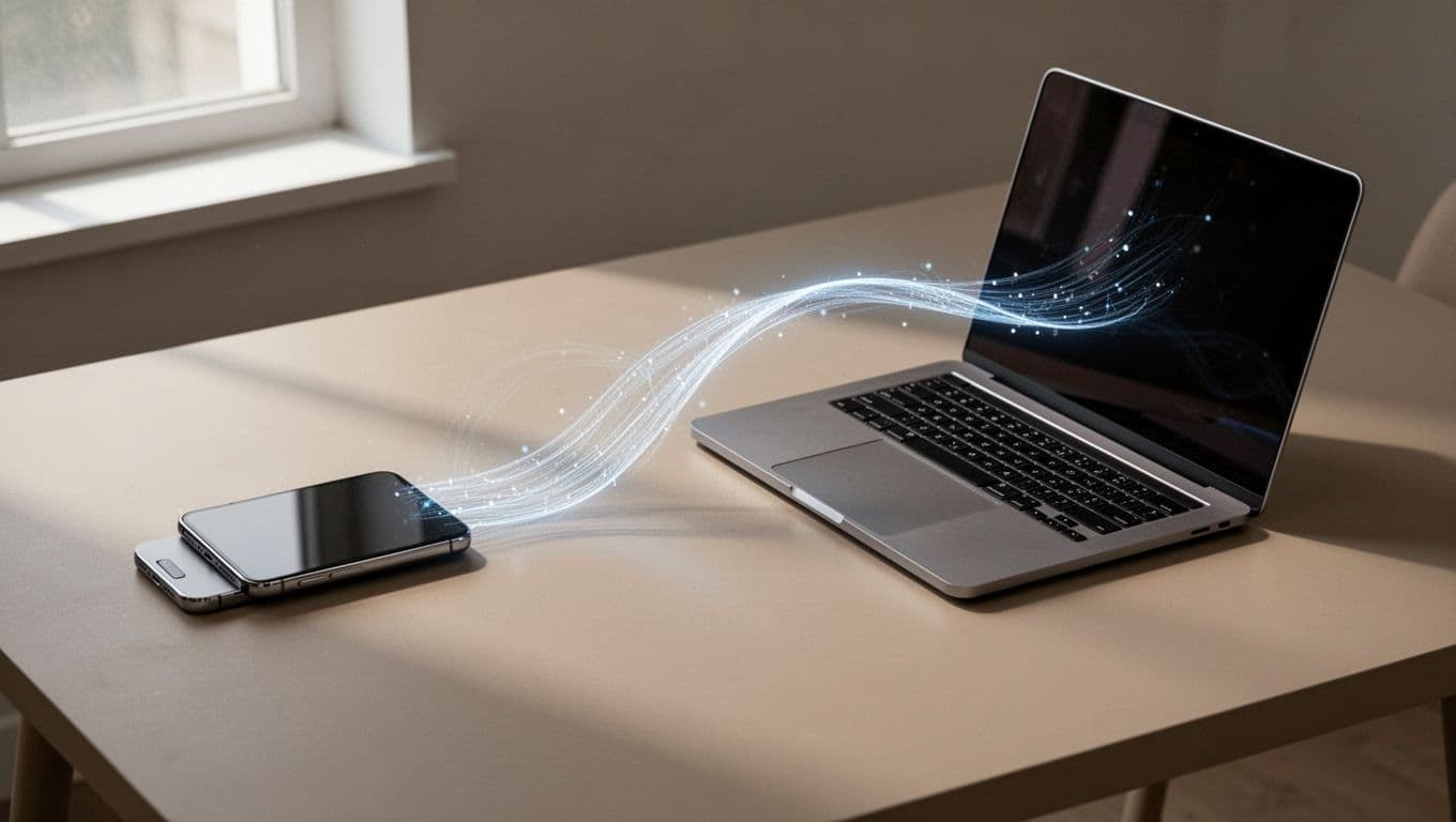 Modern illustration depicting a smartphone and computer on a table connected via peer-to-peer transfer over the internet, with a file icon transferring between them, featuring minimal neutral background, clean shapes, and strong composition.