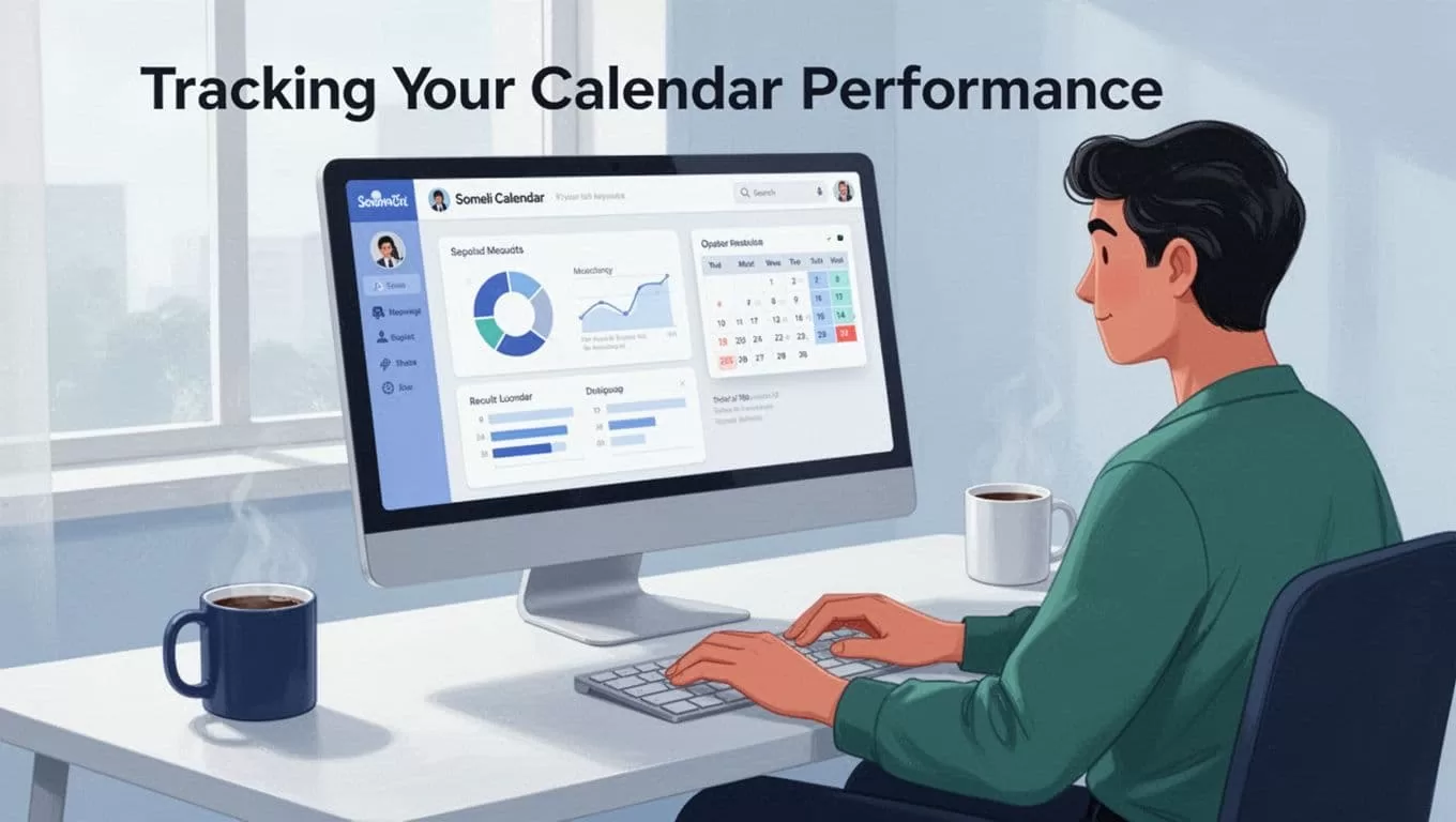 Modern illustration in a clean blue-green palette of a person at a desk reviewing a social media dashboard with calendar charts, relaxed pose, coffee mug nearby, soft window light.